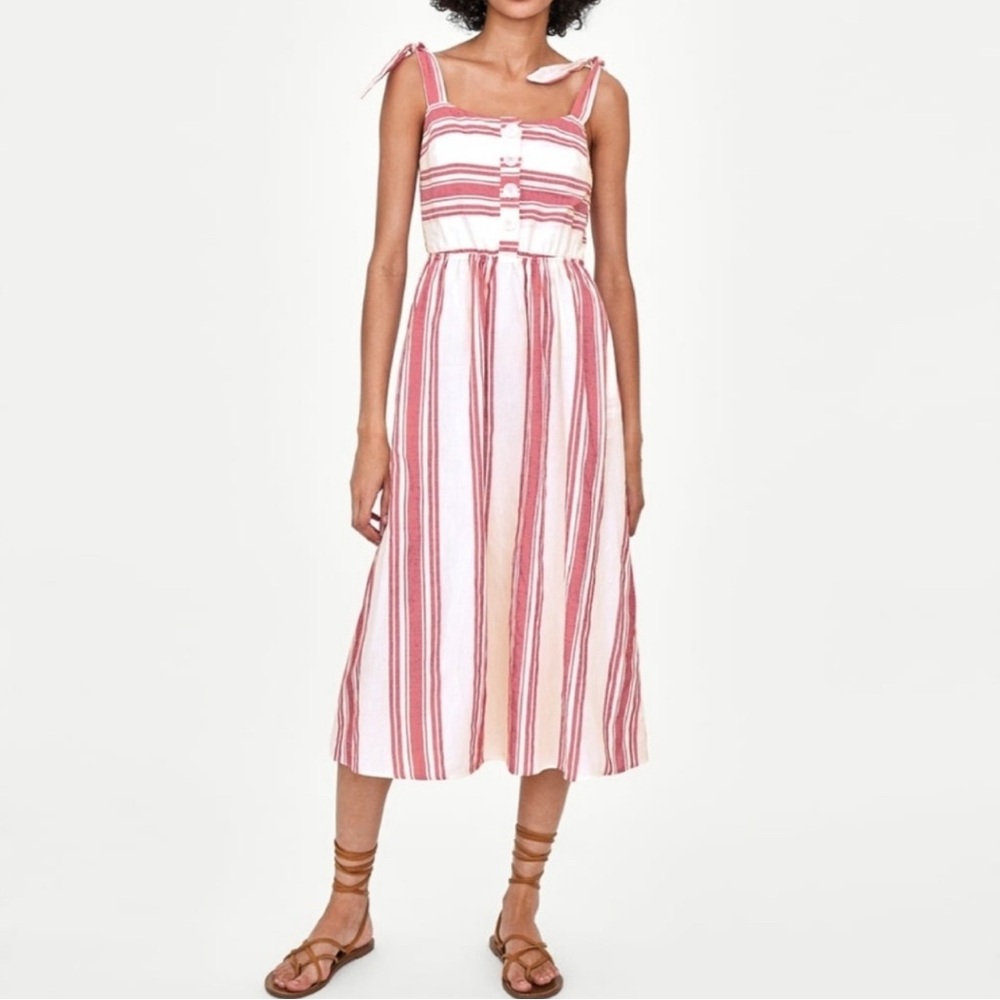 Zara Red and White Striped Midi Dress